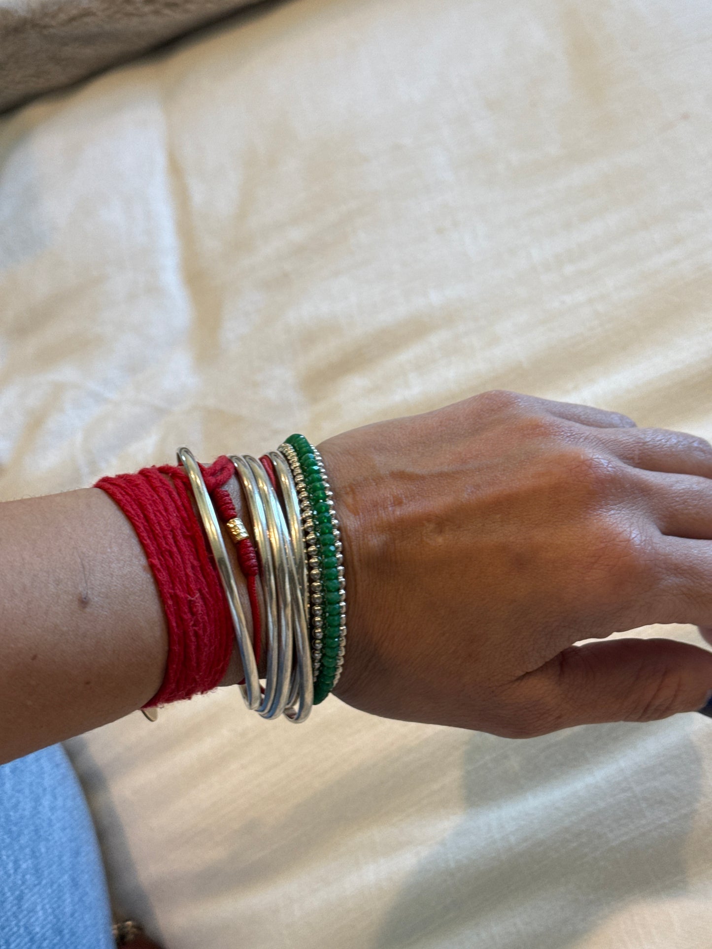 Green Beaded Silver Cuff Bracelet