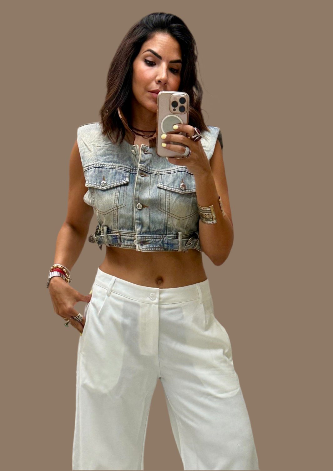 Contrast Leather Denim Vest