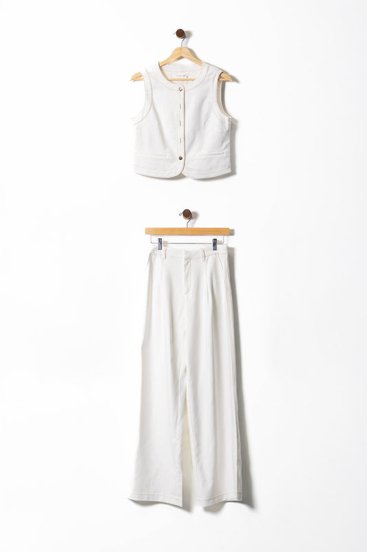 Contrast Trim Denim Vest & Wide-Leg Pants Set