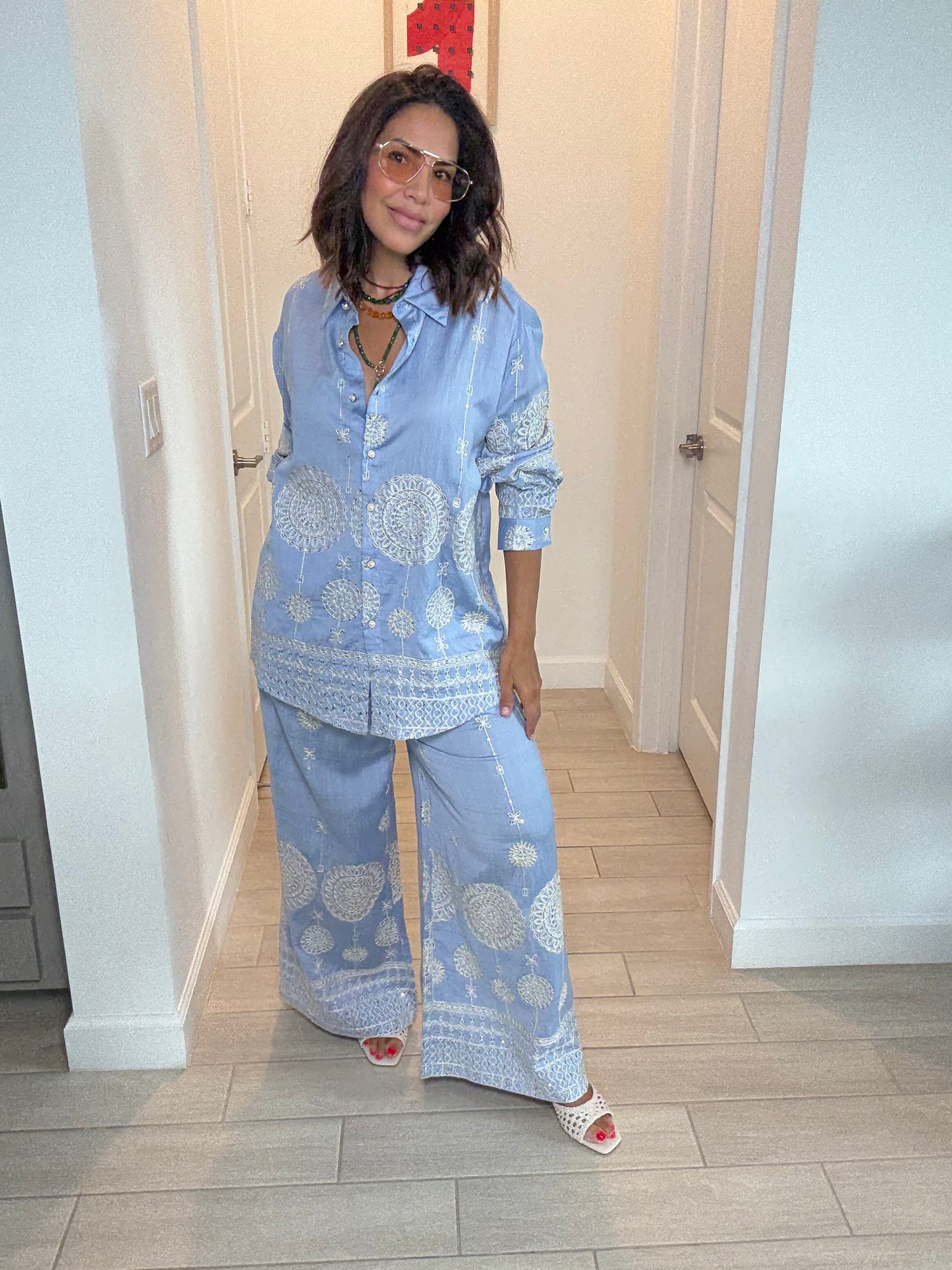 Blue Embroidered Shirt & Wide-Leg Pants Set