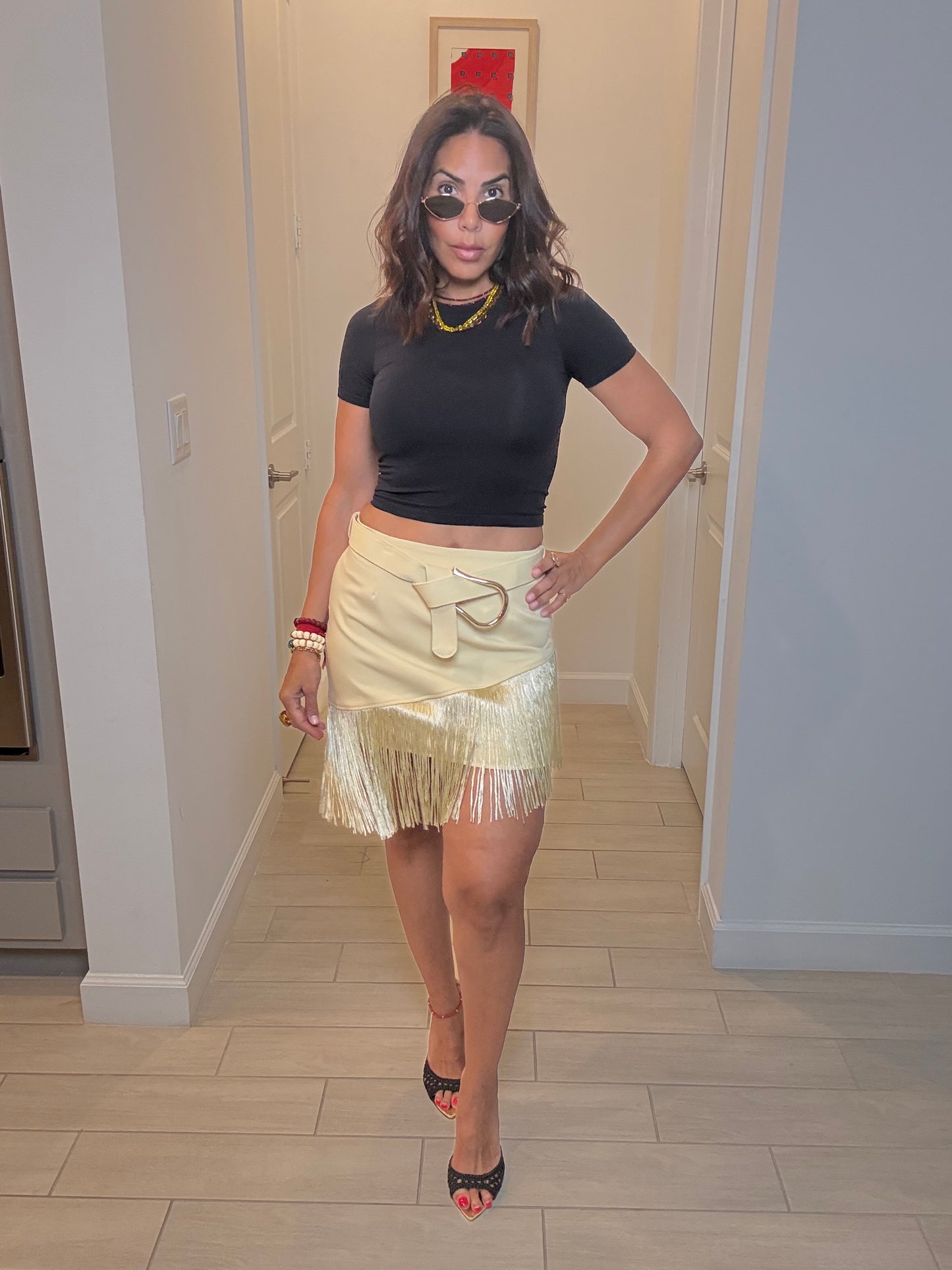 Asymmetrical Fringe Mini Skirt with Belt