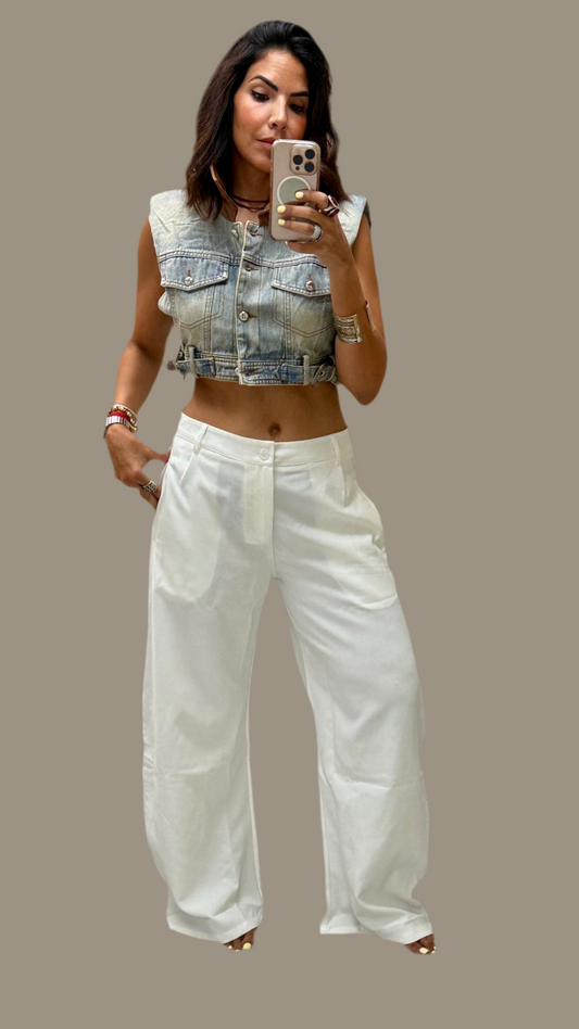 Contrast Leather Denim Vest