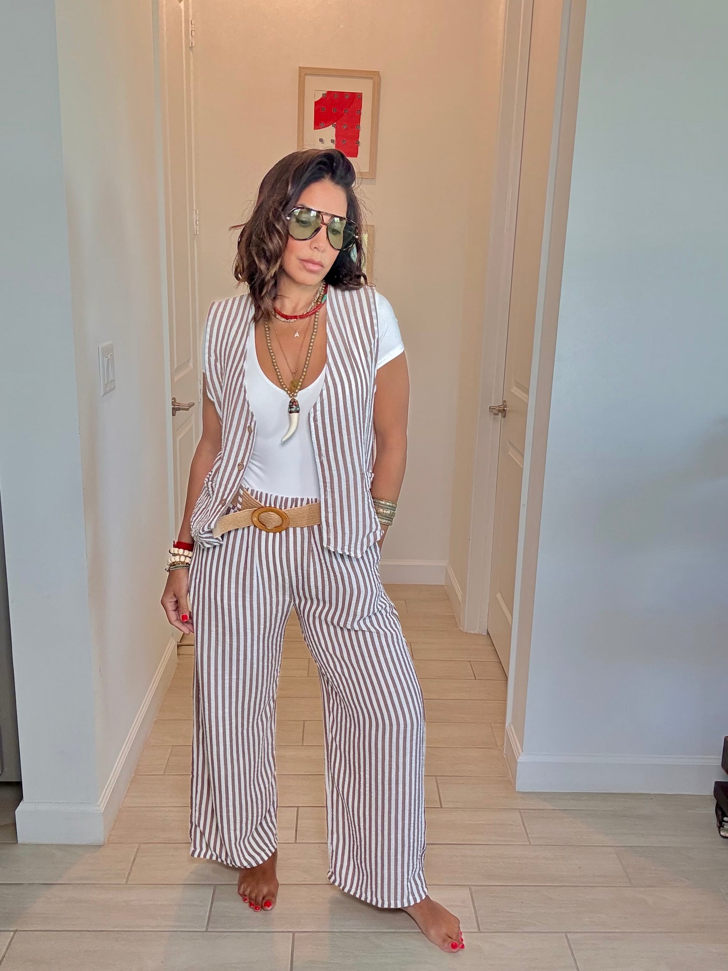 Striped Cotton Button-Up Vest & Pants with Belt