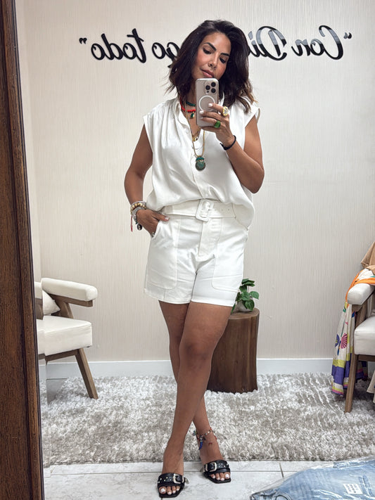 High-Waisted White Belted Shorts