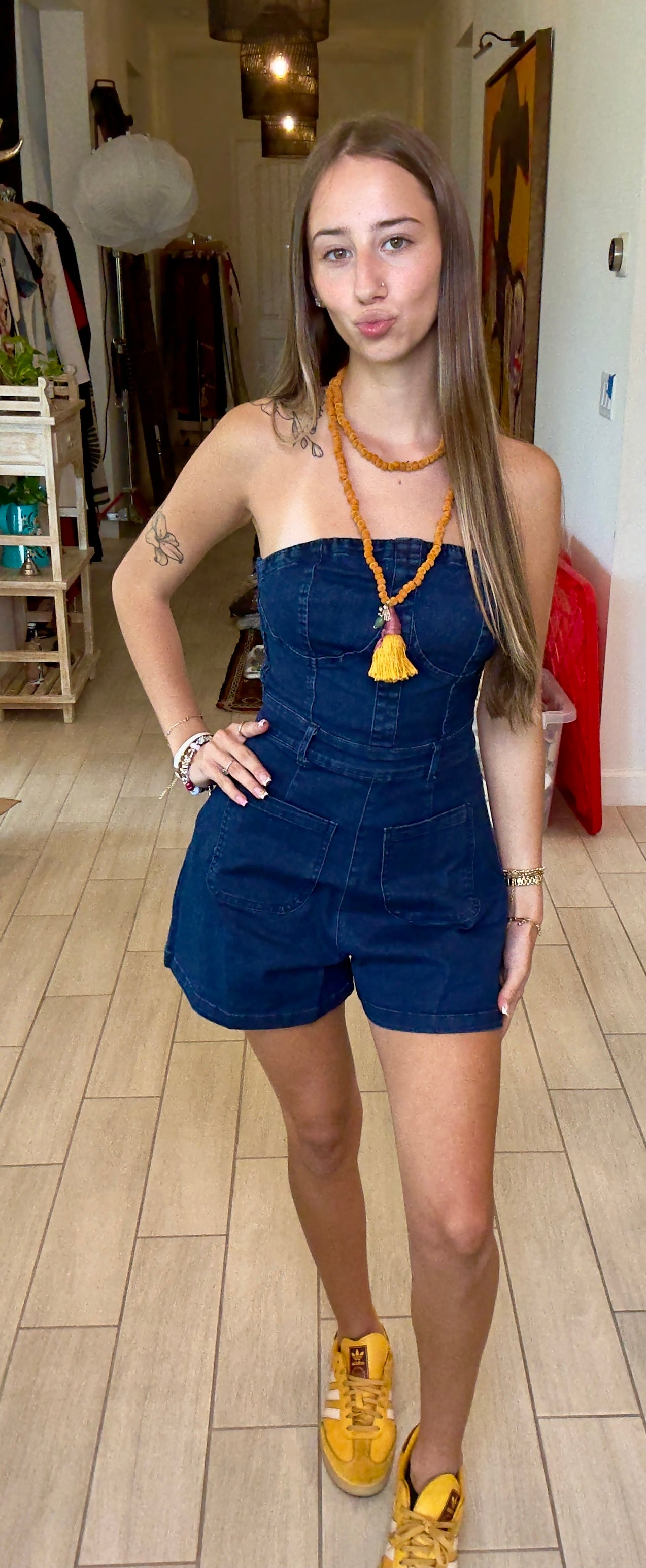 Strapless Denim Romper with Front Pockets