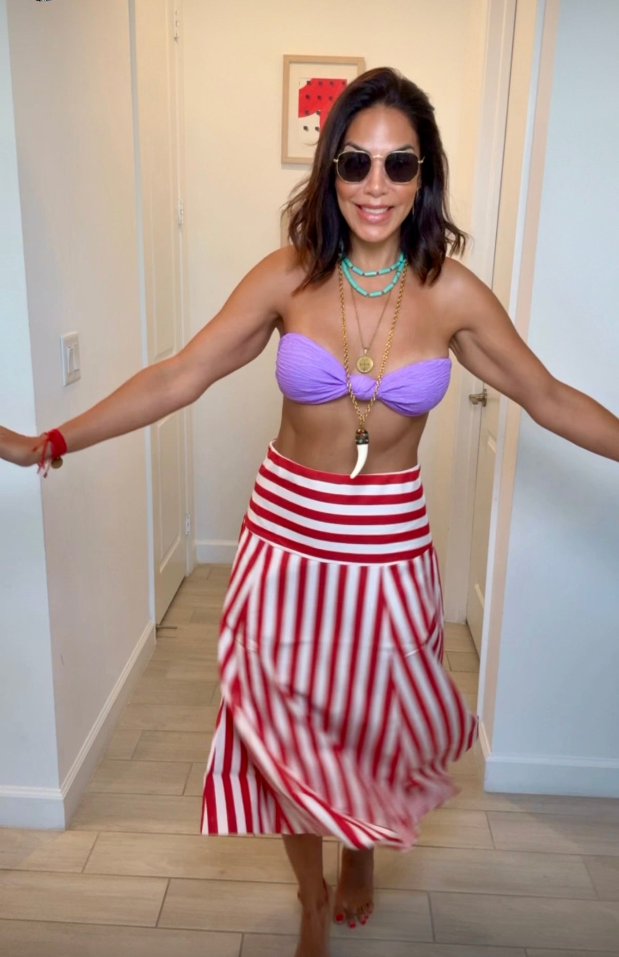 Red & White High-Waisted Striped Midi Skirt