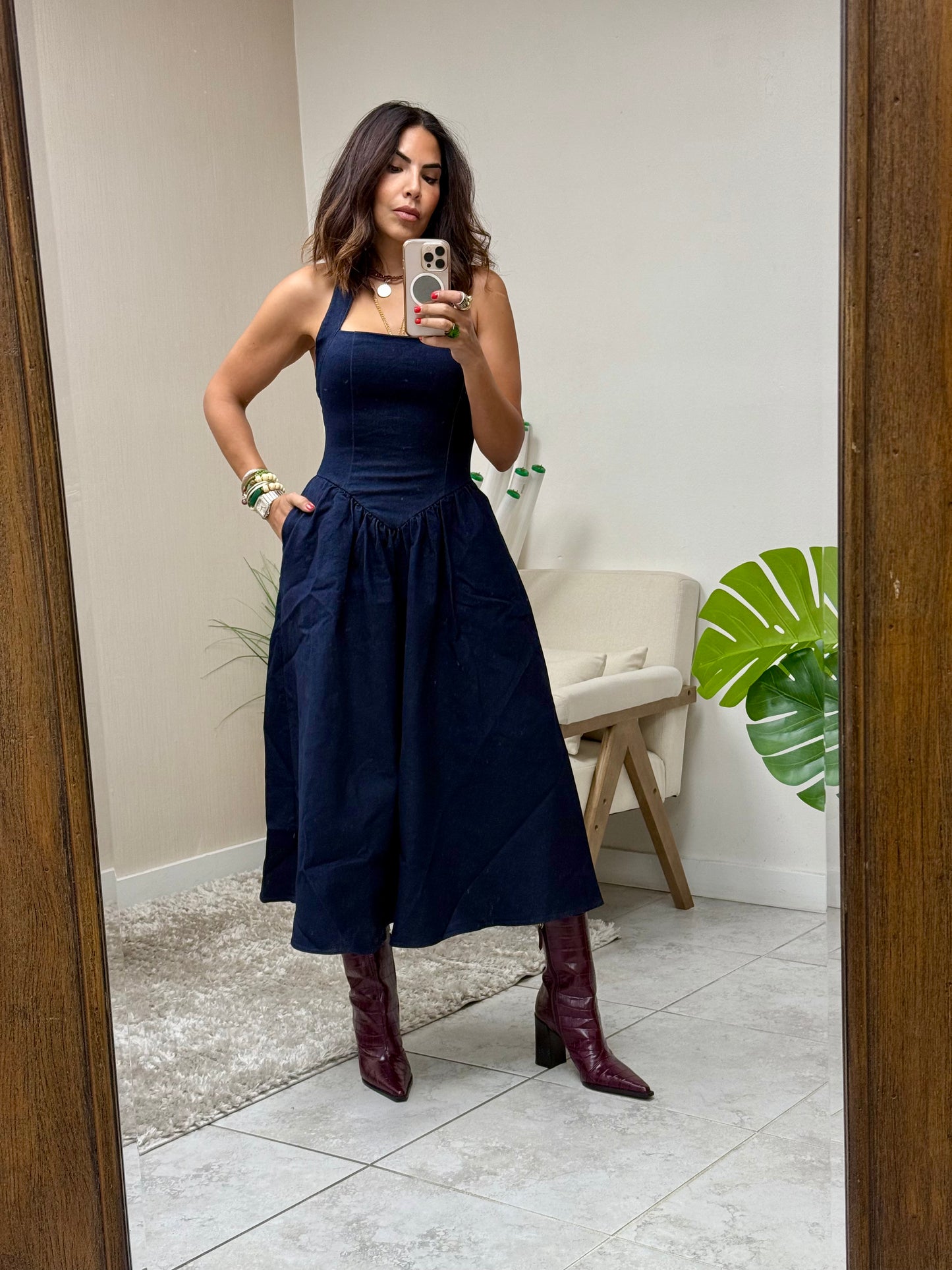 Midnight Muse Denim Halter Dress