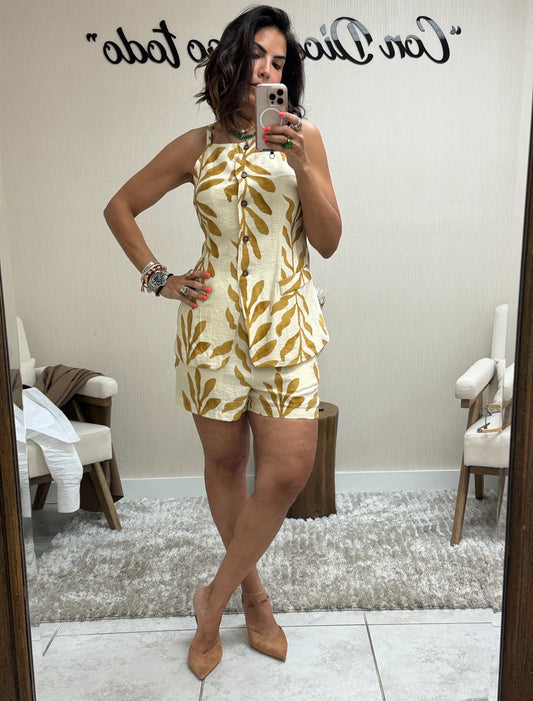 Golden Palm Linen Set – Top & Shorts