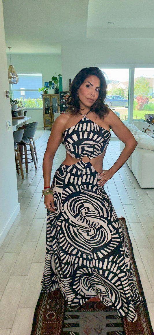 Abstract Print Halter Maxi Dress with Open Back