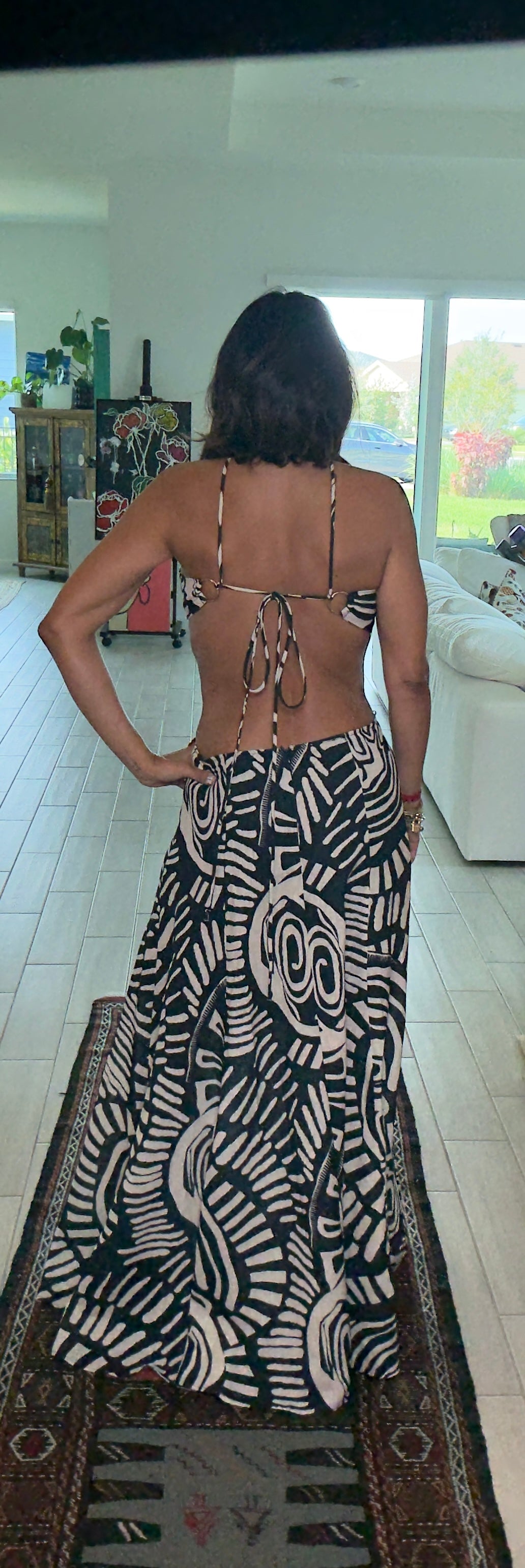 Abstract Print Halter Maxi Dress with Open Back