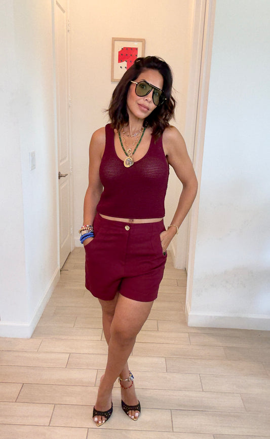 Burgundy Knit Vest Top & Linen Shorts