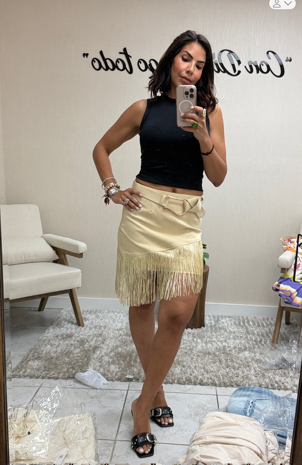 Asymmetrical Fringe Mini Skirt with Belt