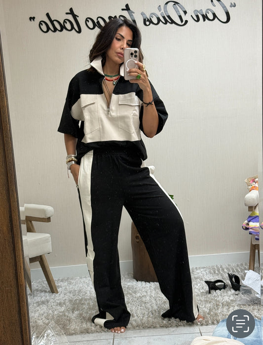 Two-Tone Zip Polo & Wide-Leg Track Pants Set
