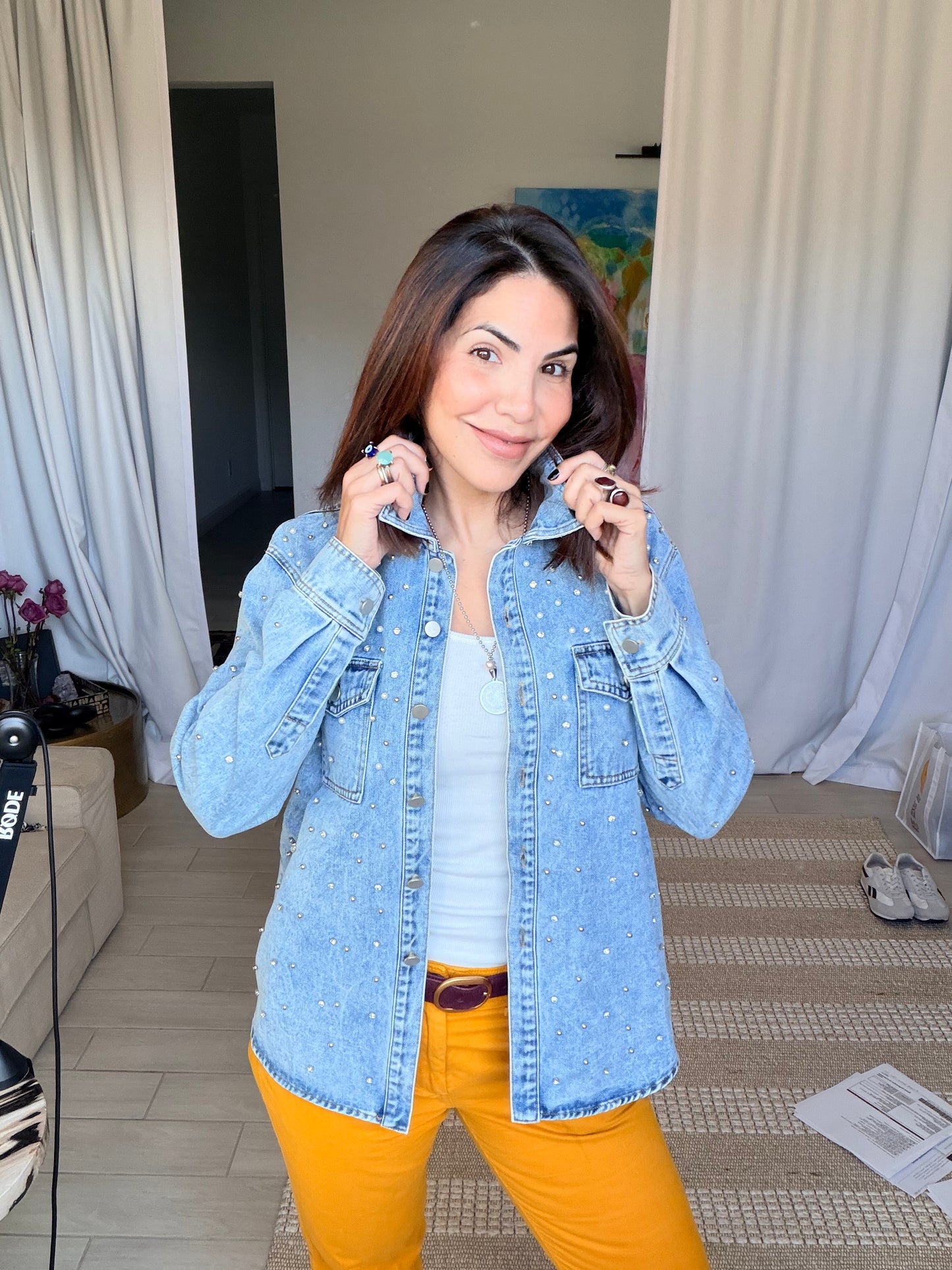 Pearl Rhinestone Denim Light Jacket