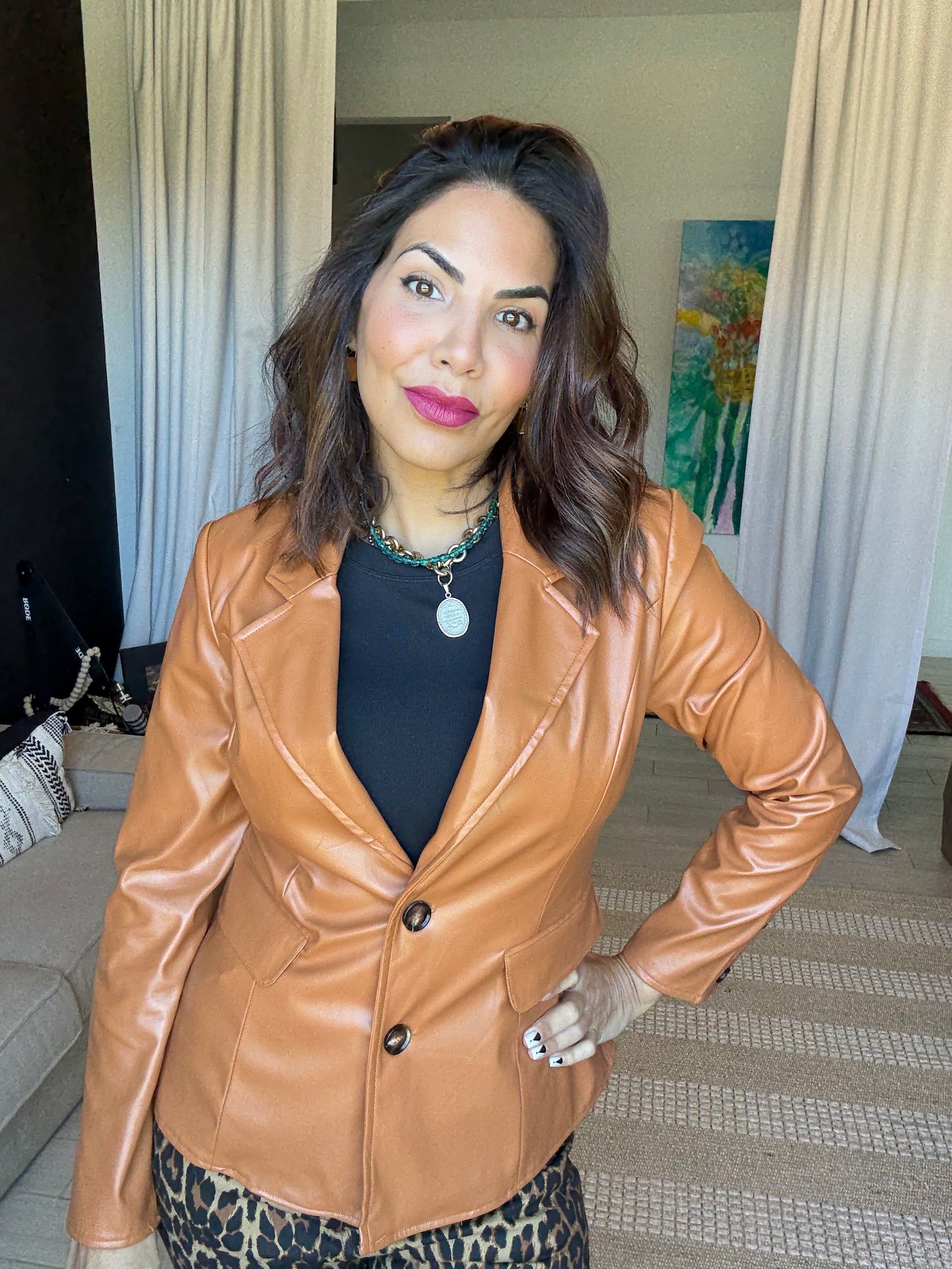 Cognac Luxe Faux-Leather Blazer