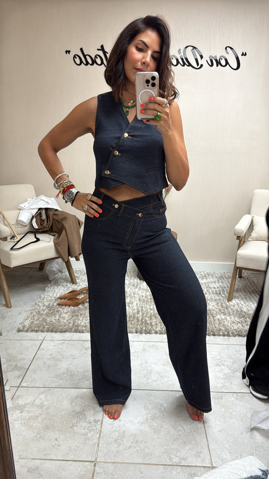 Asymmetrical Button Denim Vest & Belted Pants Set