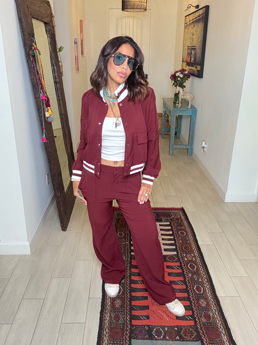 Burgundy Varsity-Inspired Jacket & Pants Set