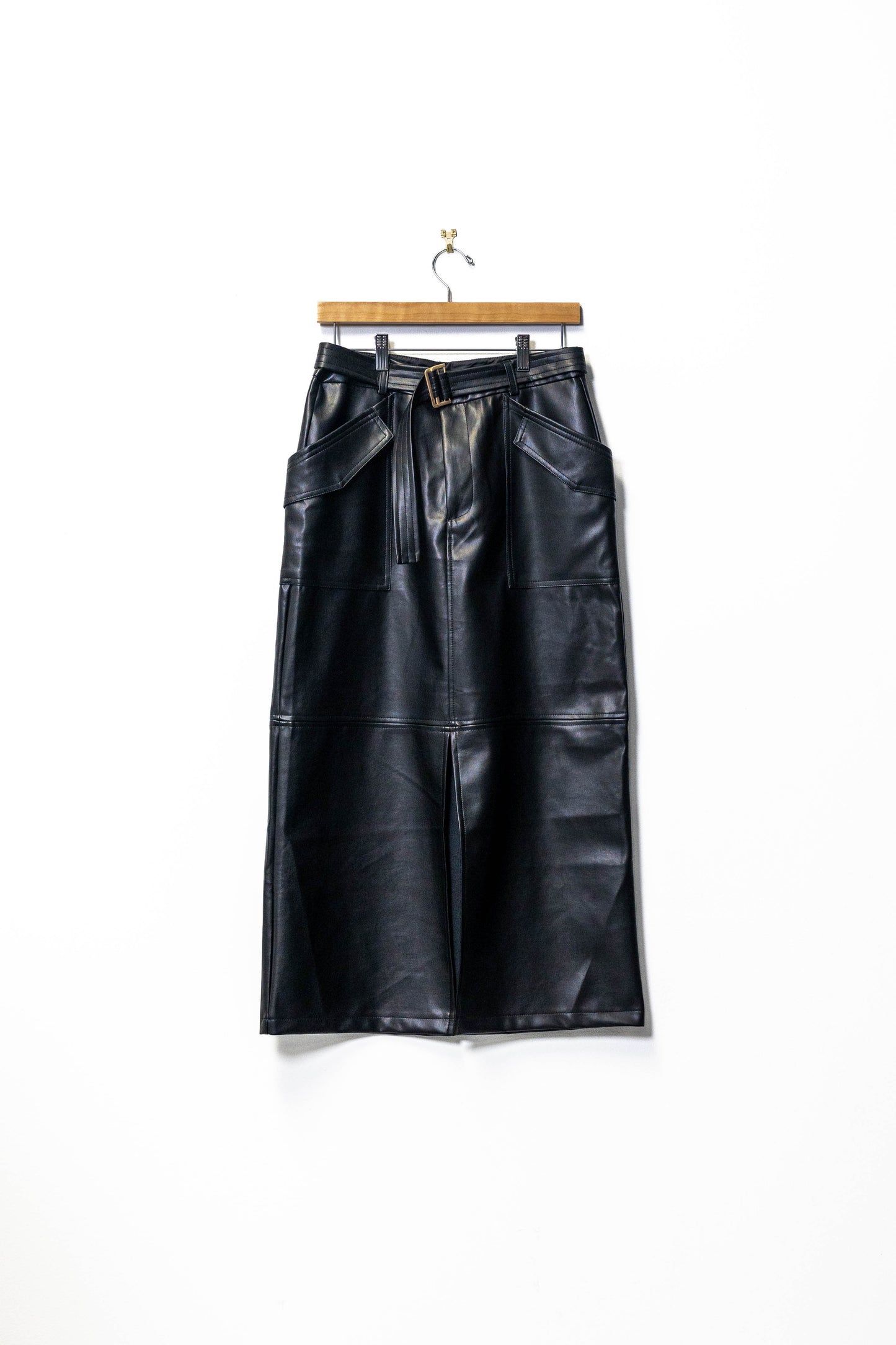 Black Faux Leather Midi Skirt