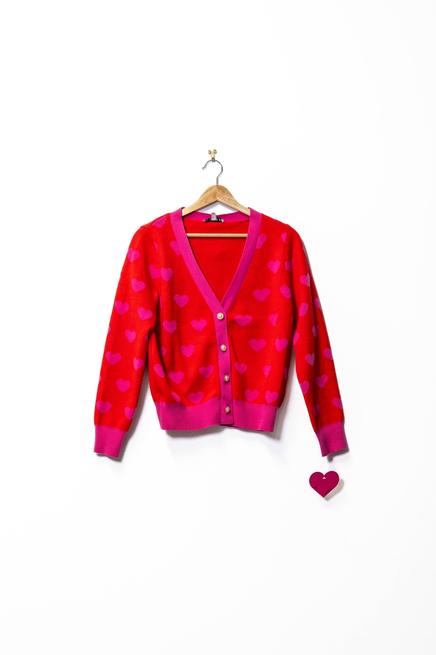 Red & Pink Heart Print Button-Up Cardigan