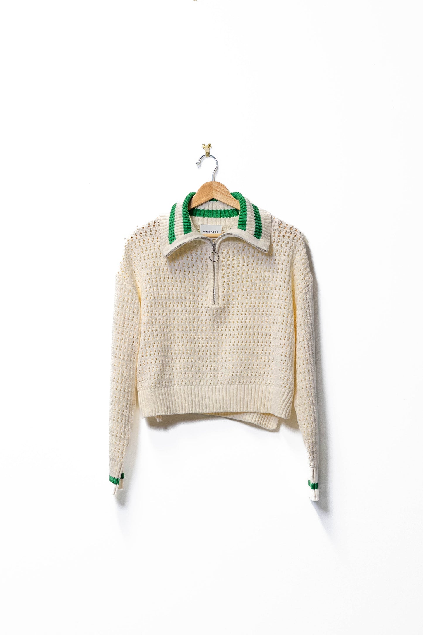Chic Cream Knit Sweater with Green Striped Collar