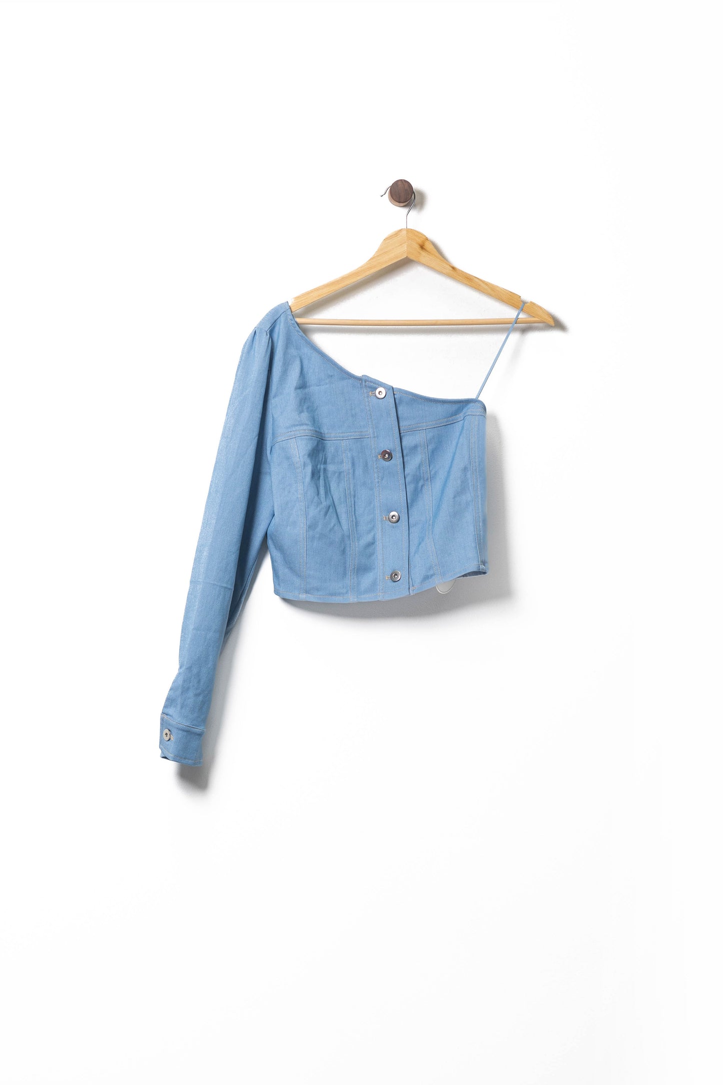 Asymmetrical Denim Button-Up Crop Top