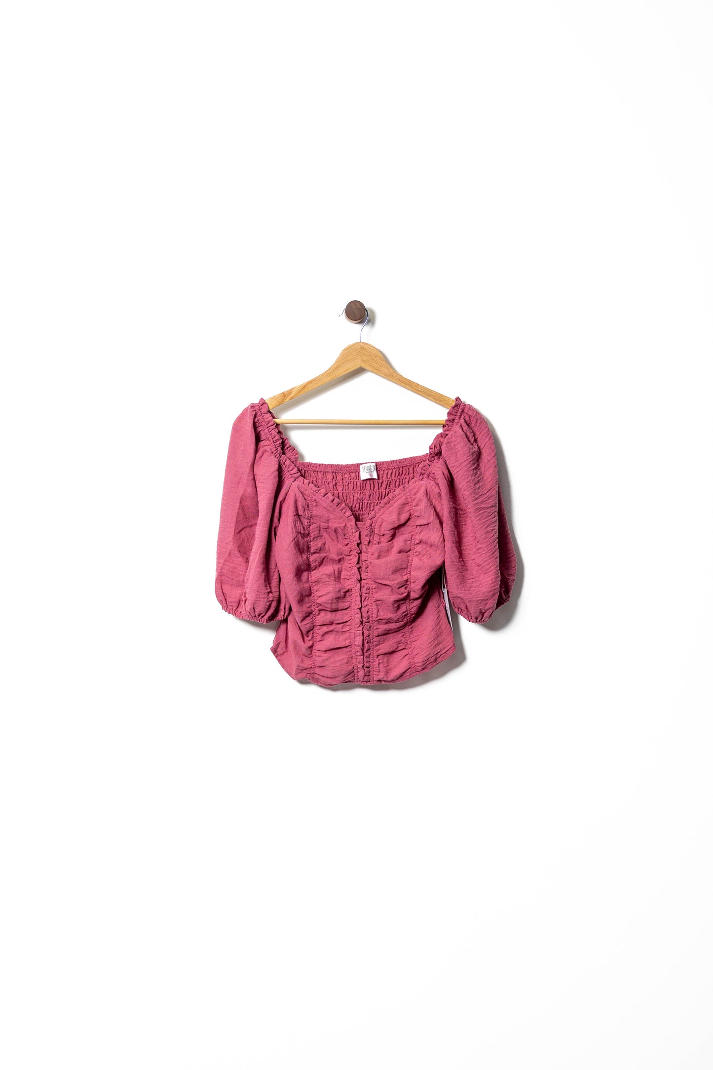 Ruched Puff Sleeve Peasant Top in Rose