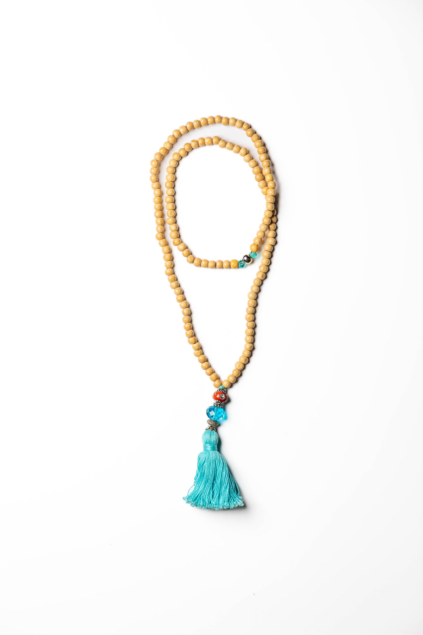 Bohemian Wooden Beaded Necklace with Teal Tassel