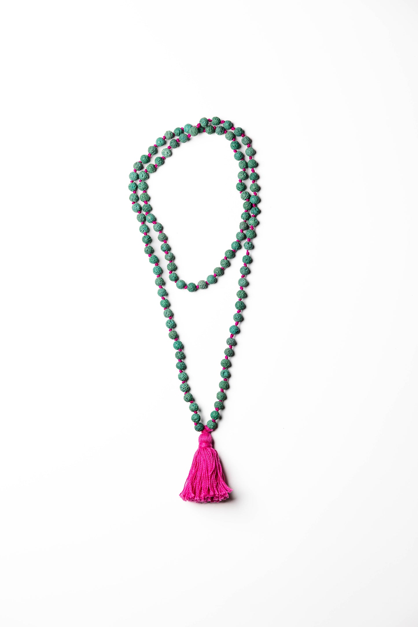 Green Lava Bead Mala Necklace with Fuccia Tassel