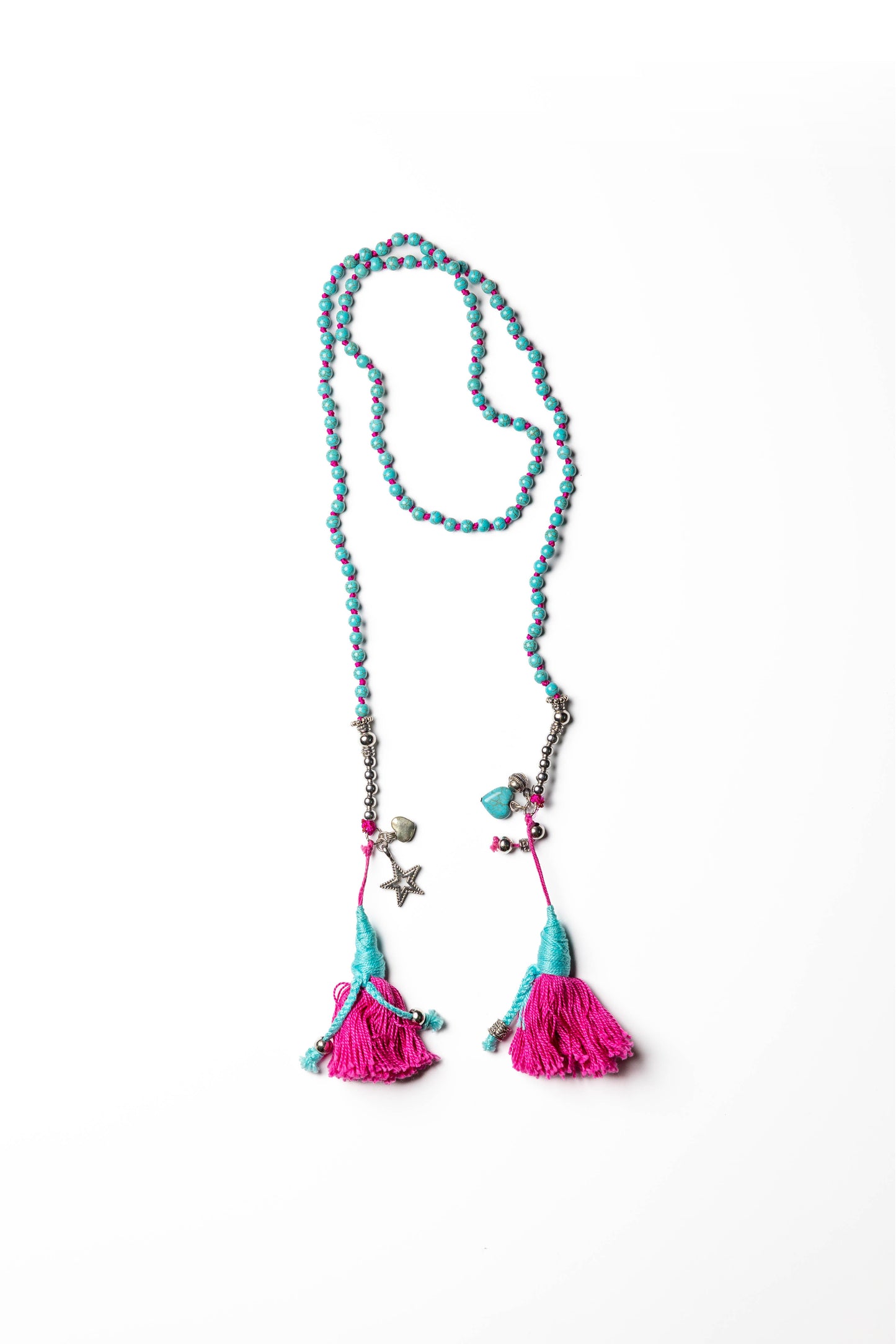 Boho Turquoise Beaded Lariat Necklace with Tassels & Charms