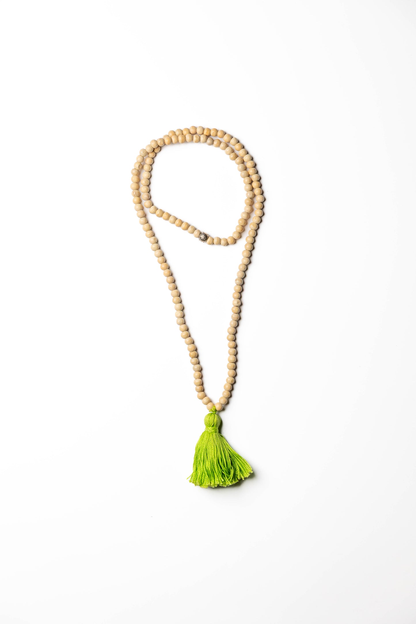 Natural Wooden Bead Necklace with Lime Green Tassel