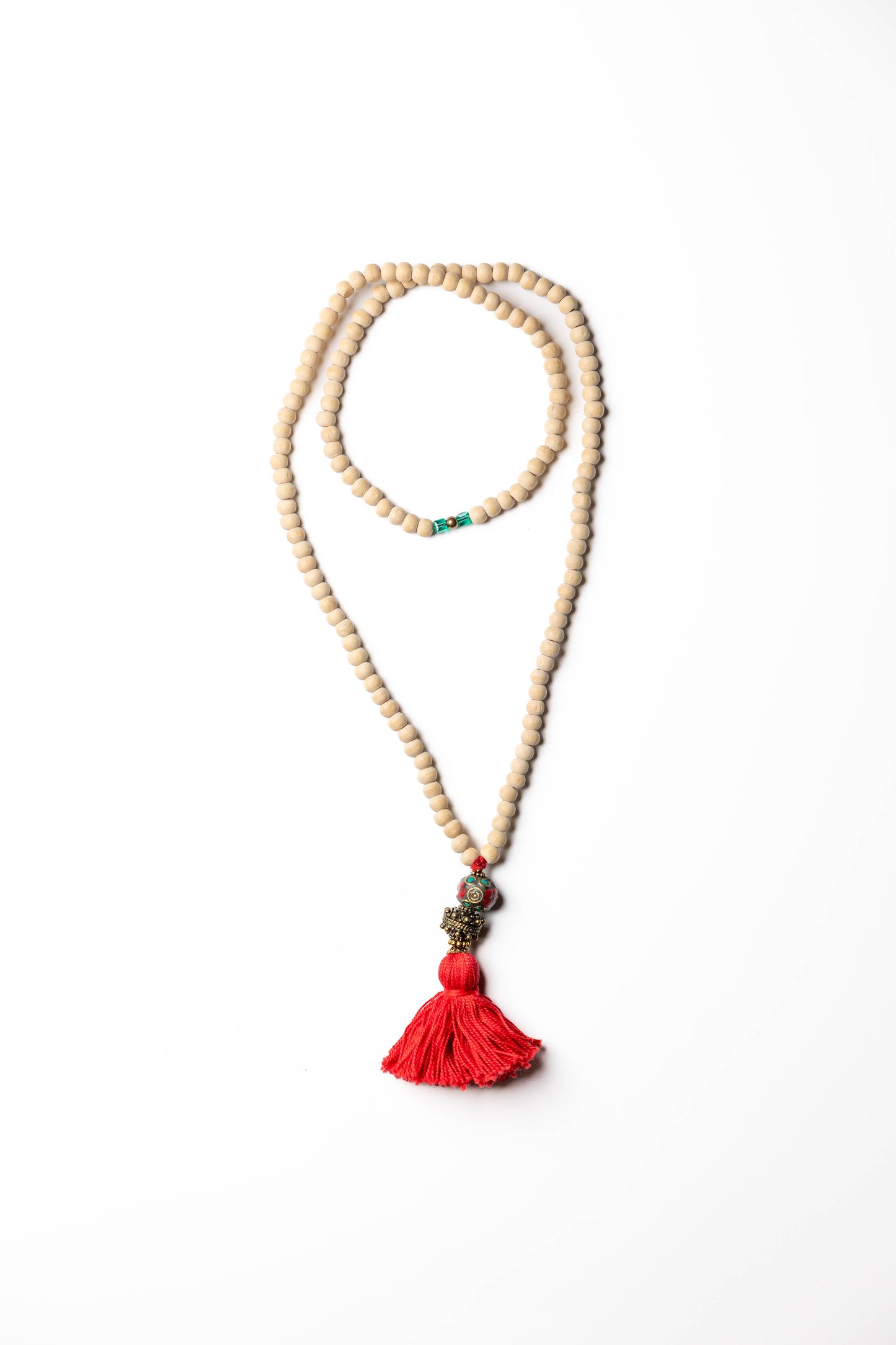 Natural Wooden Bead Necklace with Red Tassel & Boho Charms