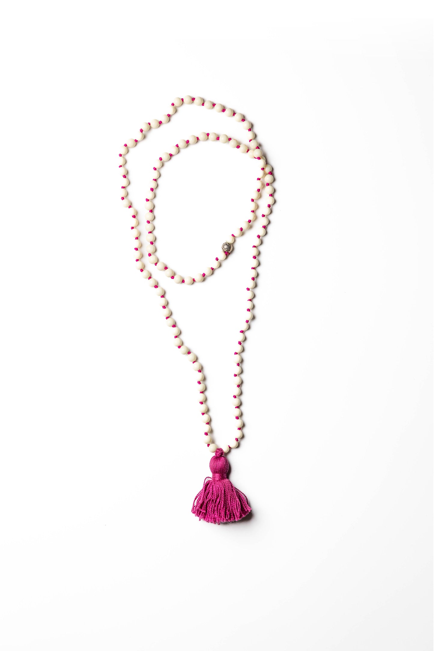 Bohemian White Bead Necklace with Purple Tassel