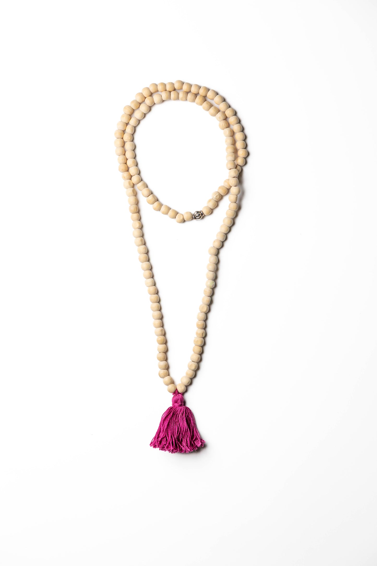 Natural Wooden Bead Necklace with Fuchsia Tassel