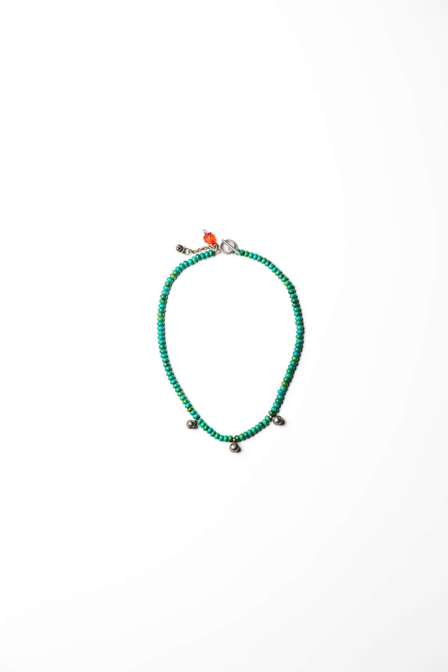 Green Beaded Necklace with Silver Bell Charms