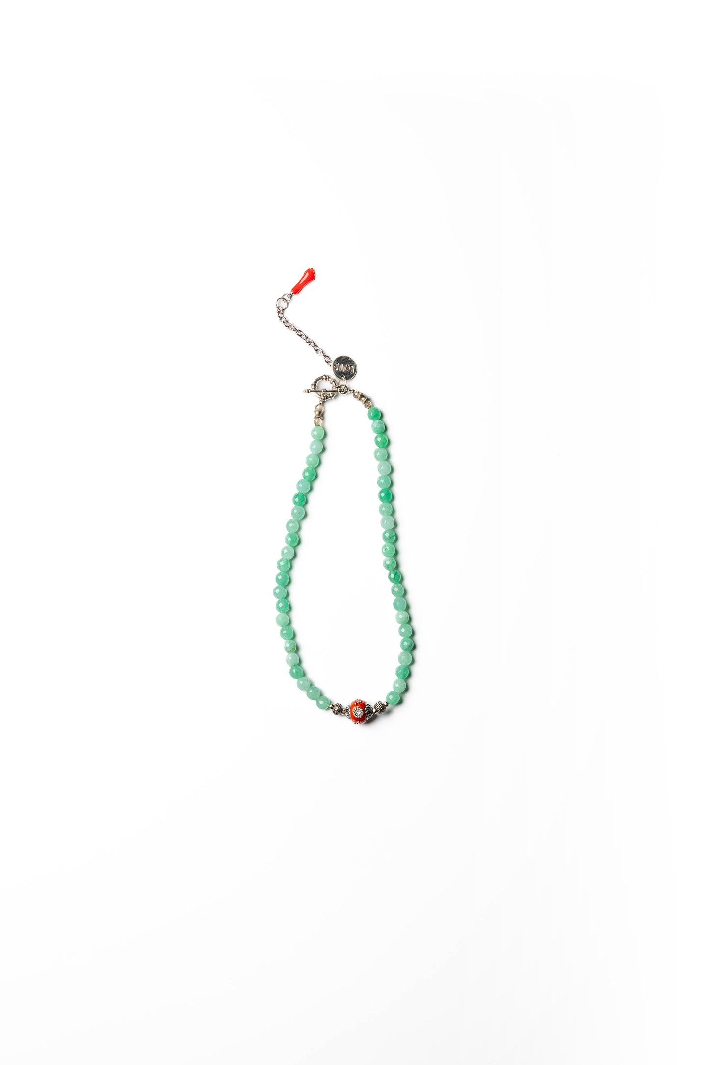 Mint Green Beaded Necklace with Coral & Silver Accents