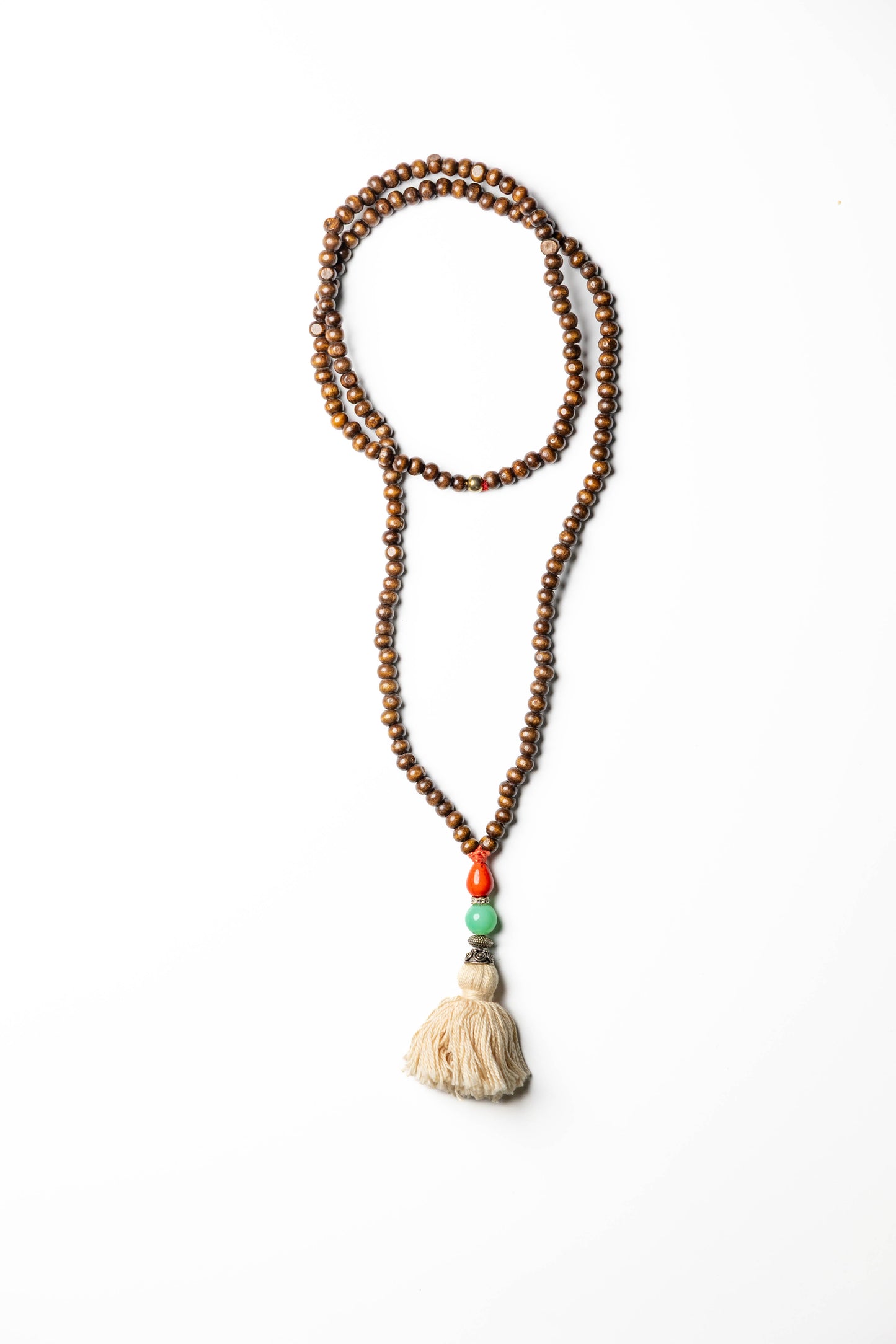 Natural Wood Beaded Necklace with Cream Tassel