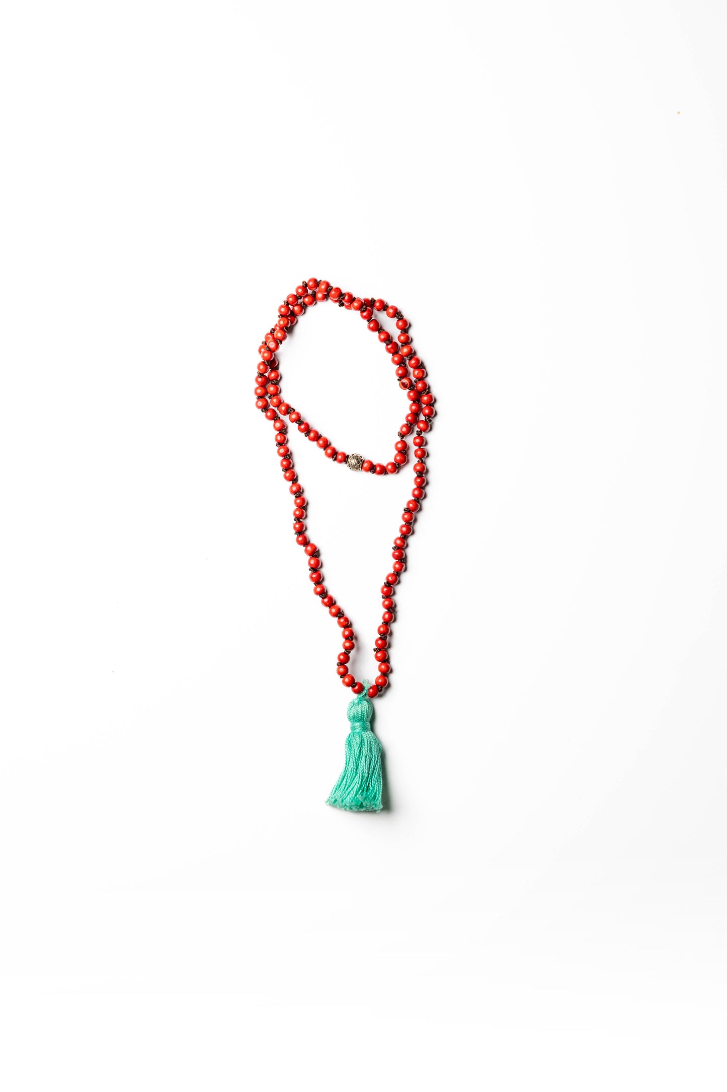 Red Beaded Necklace with Aqua Tassel