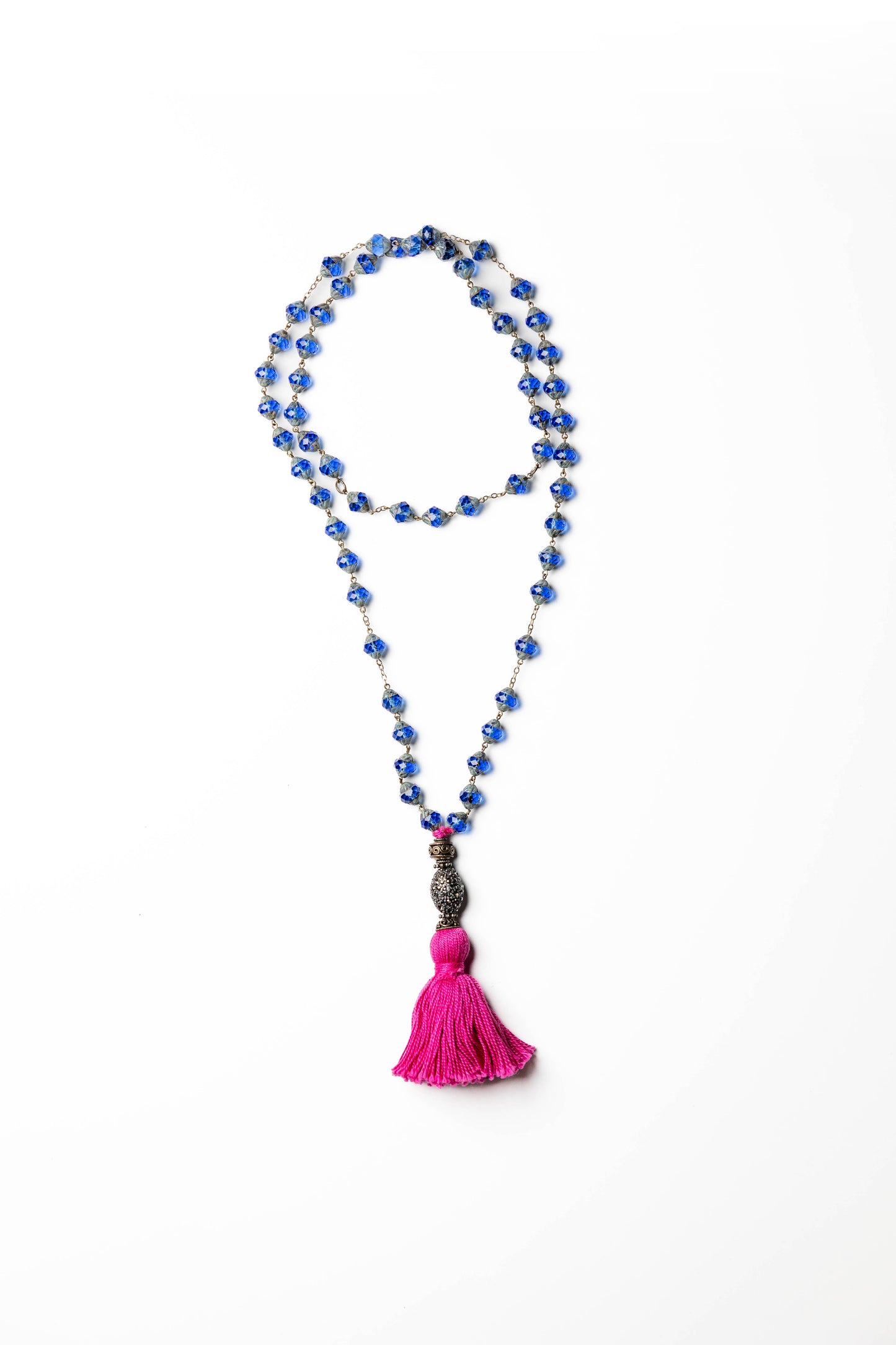 Bohemian Blue Crystal Beaded Necklace with Fuchsia Tassel