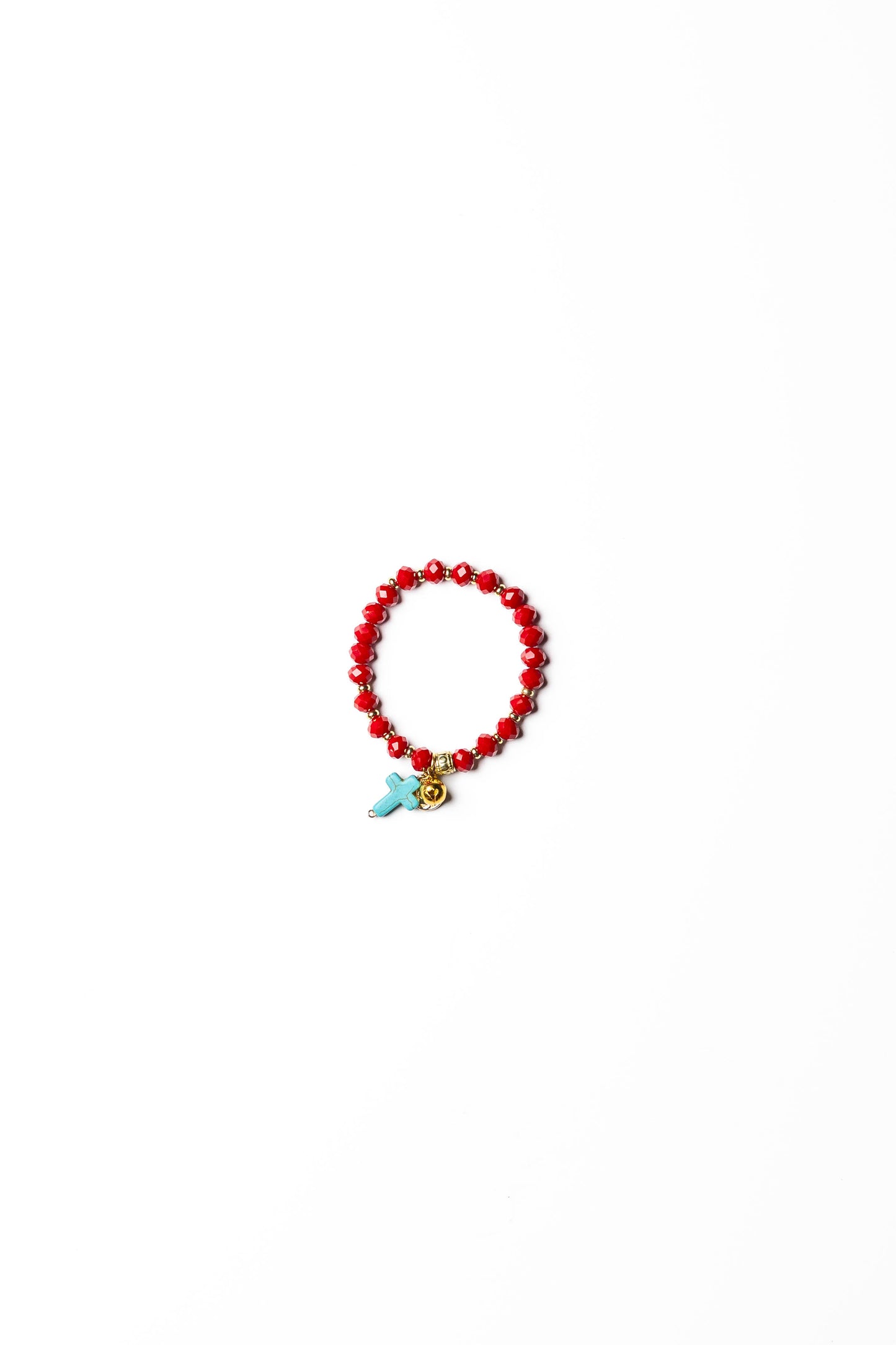 Red Beaded Charm Bracelet with Cross & Rose