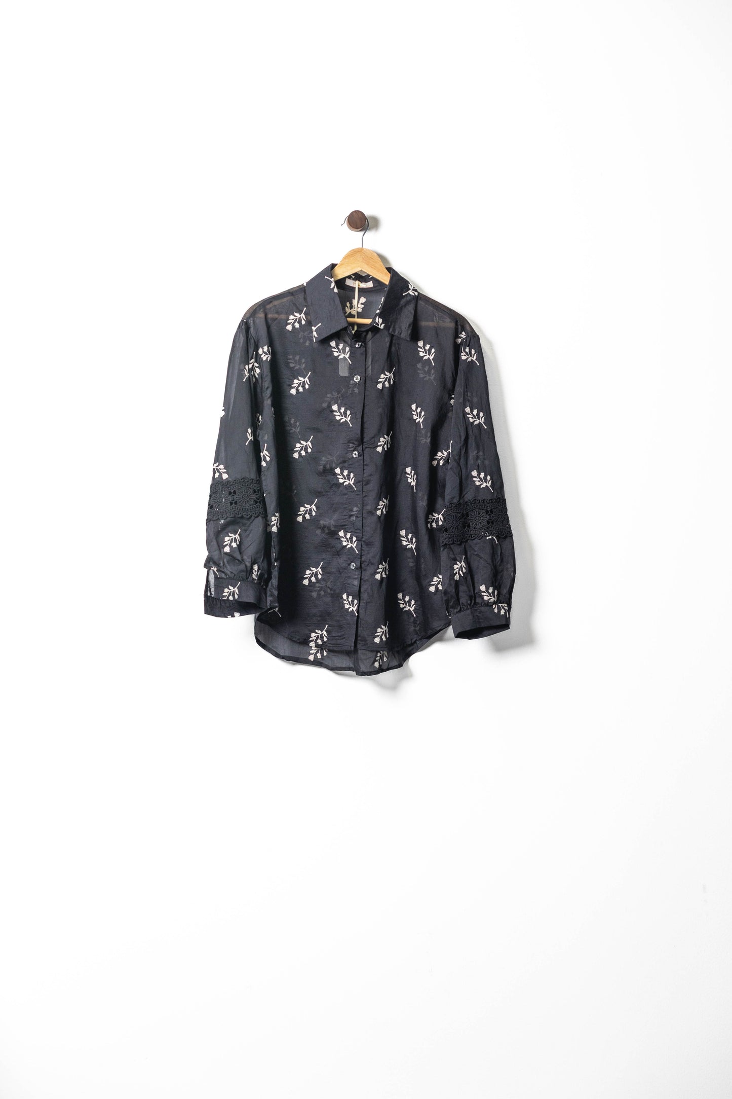 Embroidered Sheer Button-Up Shirt