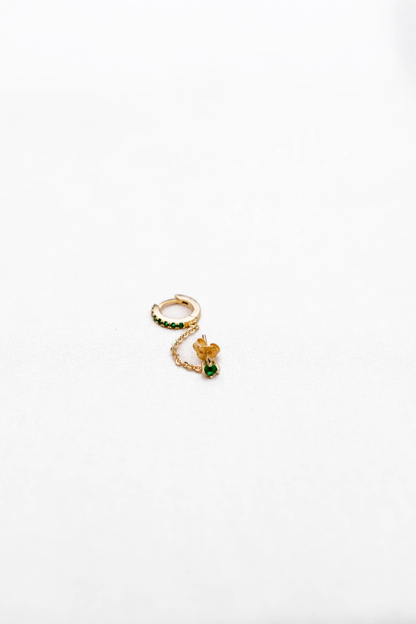 Golden Chain & cubic green emerald Earrings| Double Piercing Dangle Chain Huggie Hoop