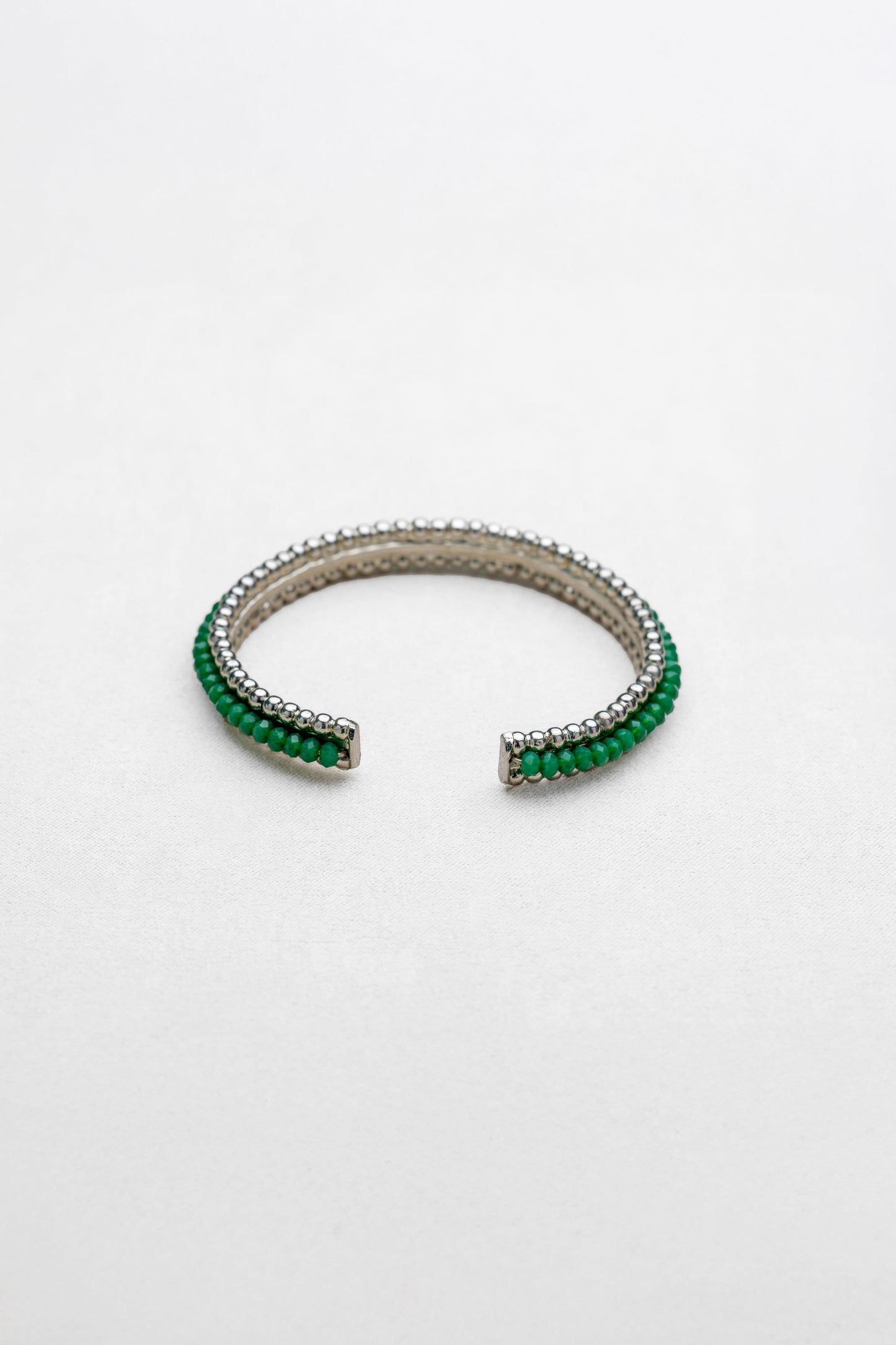 Green Beaded Silver Cuff Bracelet