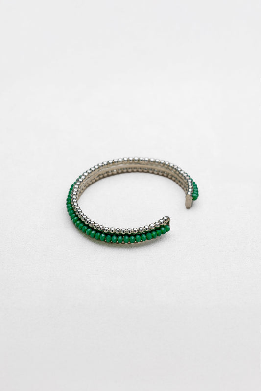 Green Beaded Silver Cuff Bracelet