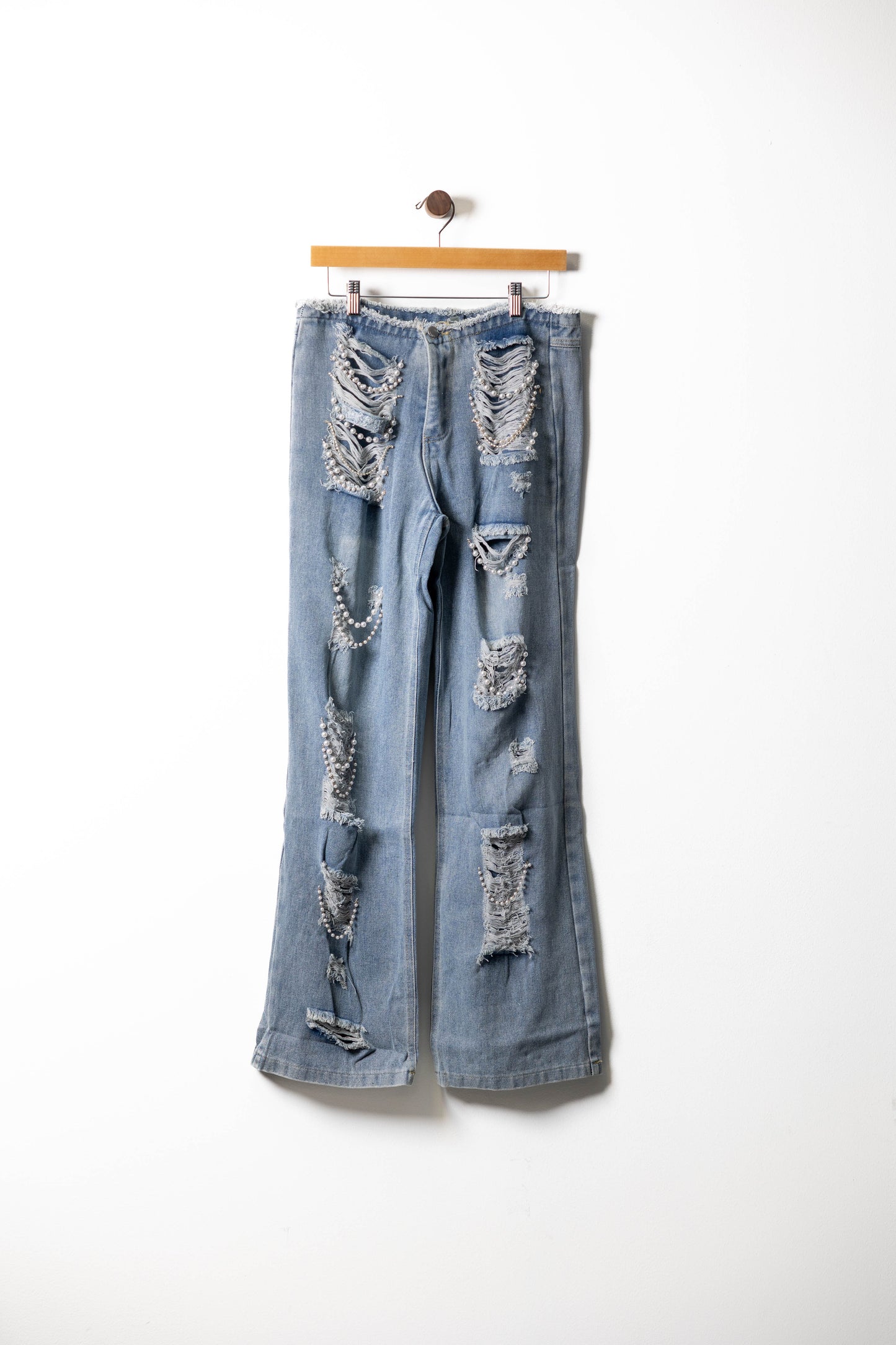 Distressed Pearl Embellished Flare Jeans