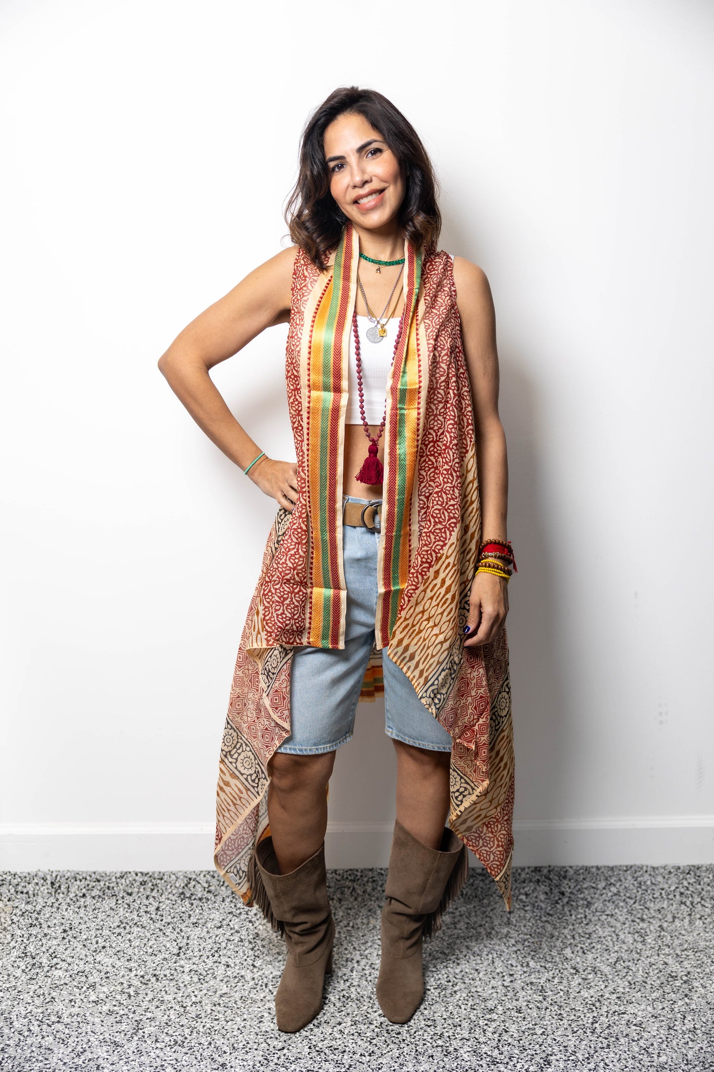 Bohemian Print Open-Front Kimono Vest