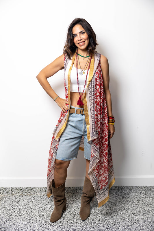 Bohemian Print Open-Front Kimono Vest