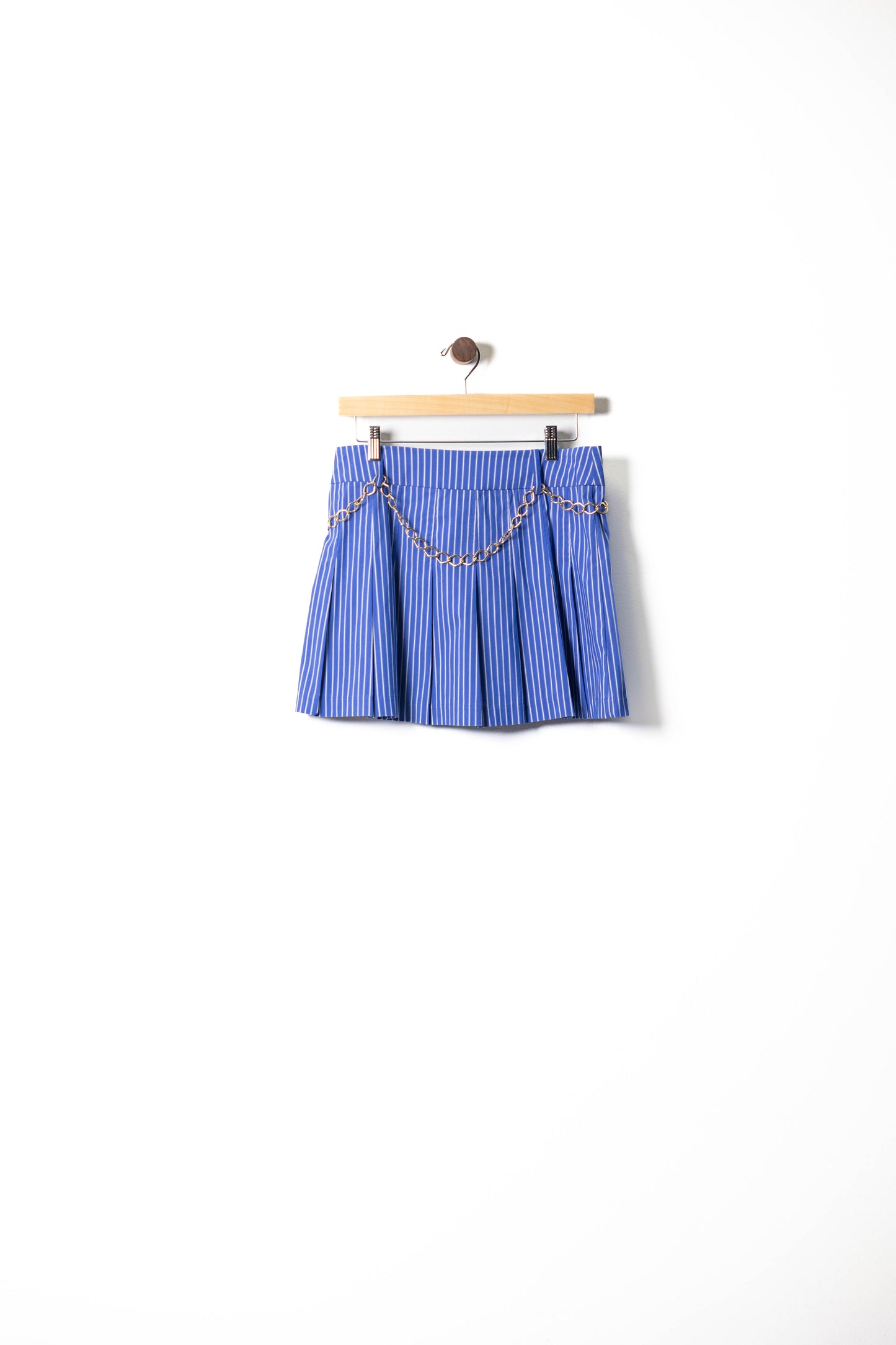 Striped Button-Up Cropped Blazer & Pleated Mini Skirt Set with Chain Detail