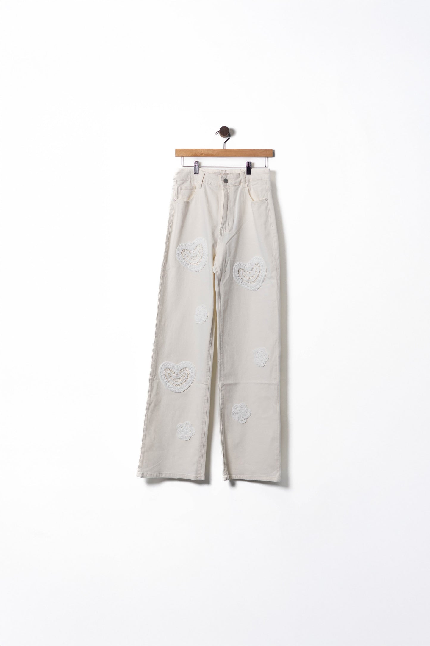 Cream Denim Pants with Heart Lace Appliqué