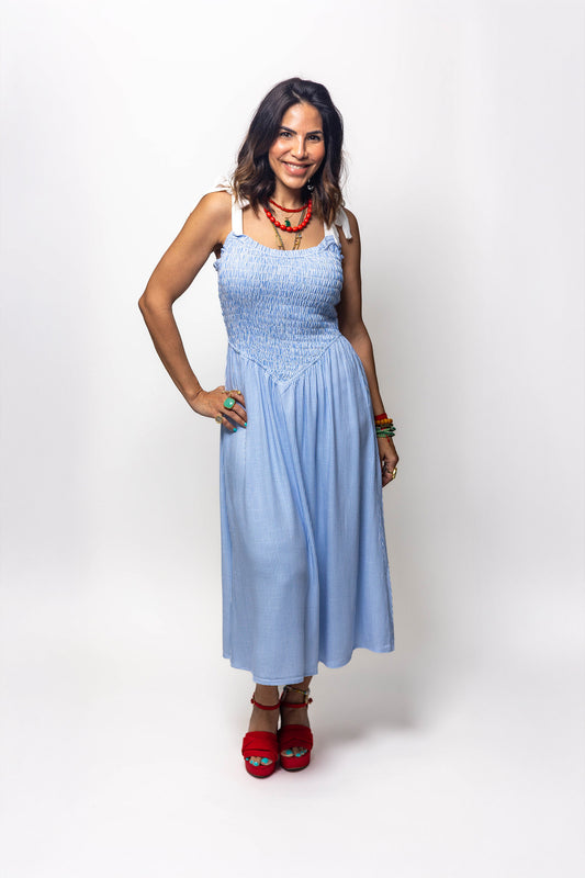 Blue Striped Smocked Midi Dress with Tie Straps