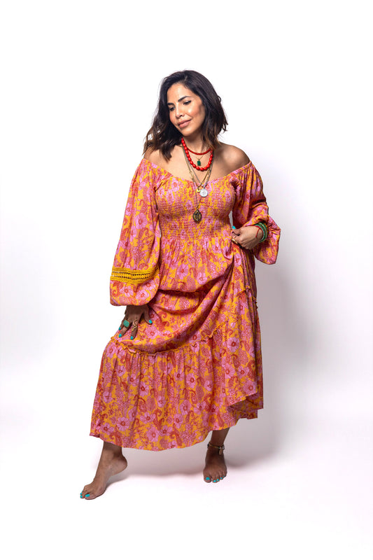 Bohemian Floral Smocked Maxi Dress